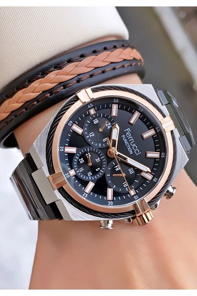 Ferrucci Brand Siyeh Color Steel Cord Internal Functions Active Steel Men's Wristwatch - Bracelet Gift