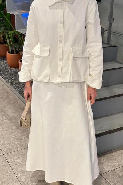 lamelif White Pocket Detailed Double Skirt Set