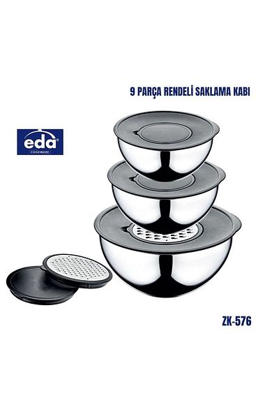 Doremcy Eda 9 Piece Mixing, Whipping and Storage Container Set with Grater – 16, 20, 24 Cm, Lid, Grater