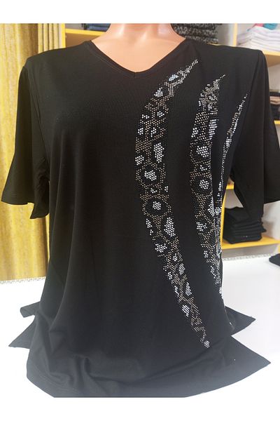 AKŞEN GİYİM Plus Size Wavy Leopard Stone Detail V-Neck Short Sleeve Slits on the Sides a Quality Bluz