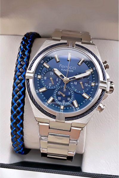 Ferrucci Brand Silver Color Steel Cord Inner Functions Active Steel Men's Wristwatch - with Bracelet Gift