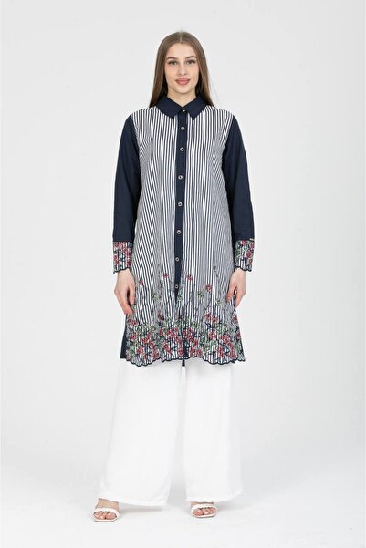 linvera Cămașă hijab din bumbac cu dungi bleumarin