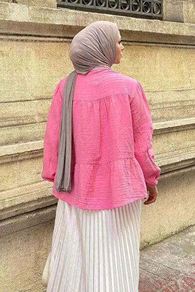 lamelif Ροζ πουκάμισο V λαιμόκοψης Μουσουλμανικό Hijab με ελαστικά μανίκια