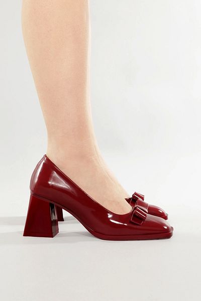 Lio Shoes Pantofi cu toc din piele lacuita de dama burgundy cu fundita cu varf patrat Talpa TPU KBRDRF100