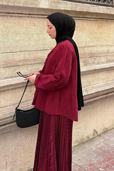 lamelif Μουσουλμανικό πουκάμισο Hijab με λαιμόκοψη V και ελαστικό μπορντό