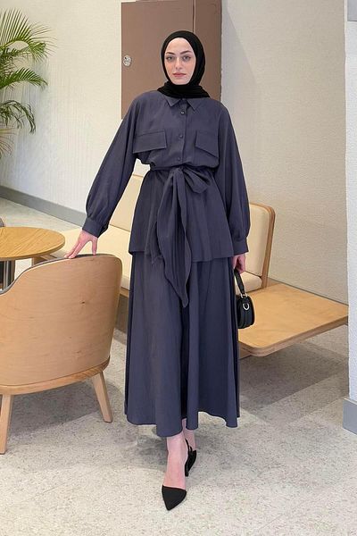 lamelif Front Cover Pocket Detailed Shirt and Skirt Double Hijab Suit Anthracite