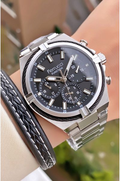 Ferrucci Brand Silver Color Steel Cord Inner Functions Active Steel Men's Wristwatch - with Bracelet Gift