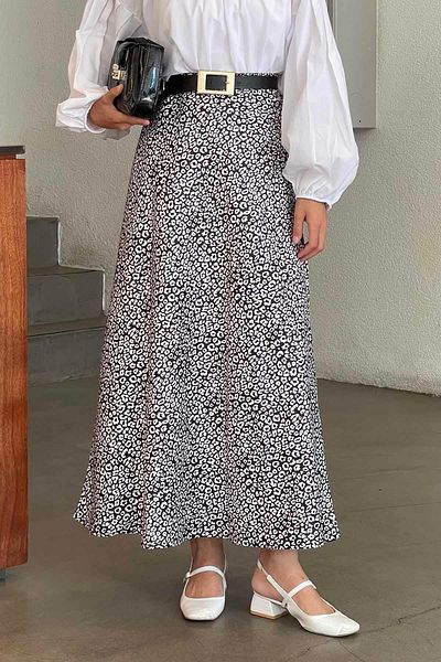 lamelif Satin Cotton Leopard Skirt Black