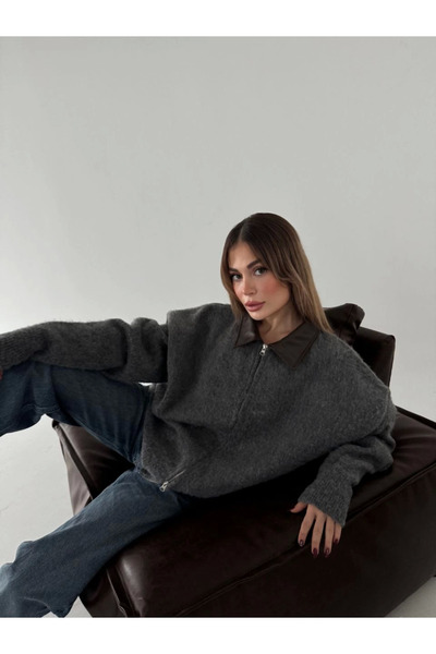 velmorafashion Velmora Leather Collar Cotton Jacket - Smoked -