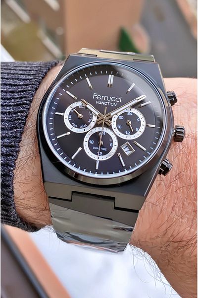 Ferrucci Brand Black Color Steel Cord Inner Functions Active Steel Men's Wrist Watch - with Bracelet Gift