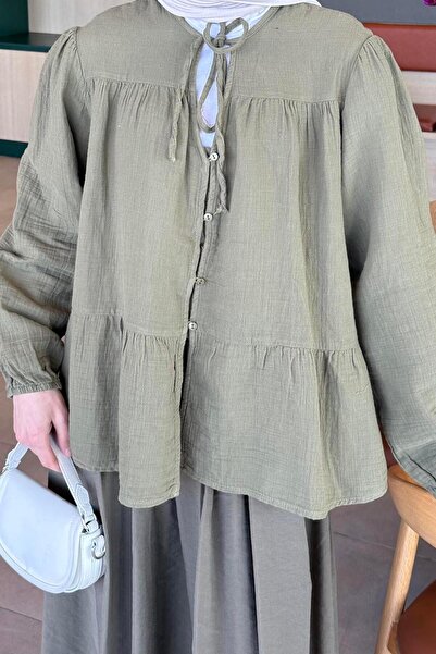 lamelif Μουσουλμανικό Hijab με λαιμόκοψη V, Elastic Cargo Khaki Hijab Kaftan