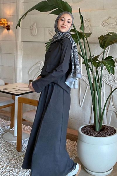 lamelif Pocket Detailed Double Skirt Hijab Suit Anthracite