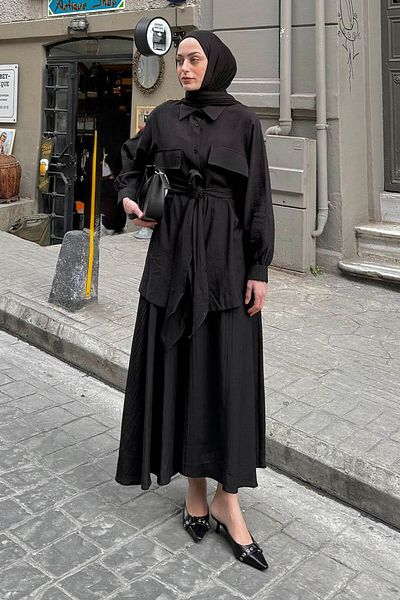 lamelif Μαύρο μπροστινό κάλυμμα Pocket Stimulus Silversteel Double Hijab κοστούμι