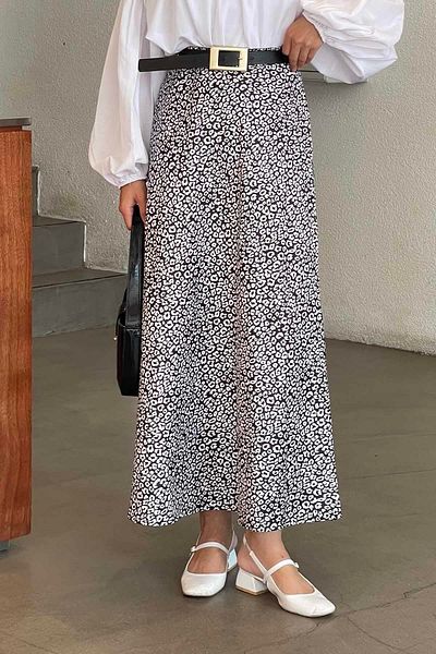 lamelif Satin Cotton Leopard Skirt Black