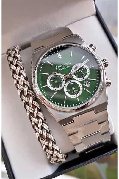Ferrucci Brand Silver Color Steel Cord Inner Functions Active Steel Men's Wristwatch - with Bracelet Gift