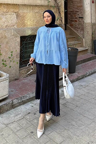 lamelif Μουσουλμανικό πουκάμισο Hijab με λαιμόκοψη V με ελαστικά μανίκια, μπλ...