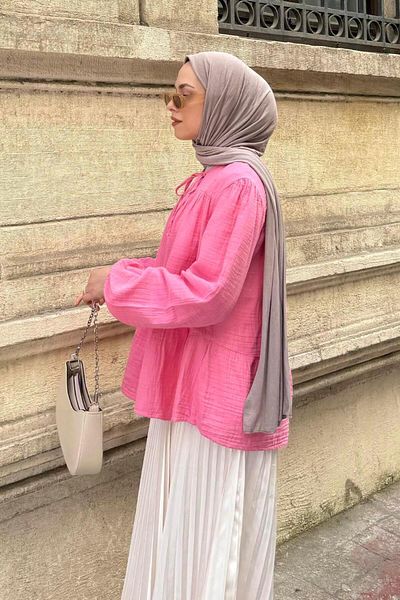 lamelif Cămașă musulmană hijab roz cu decolteu în V cu mâneci elastice