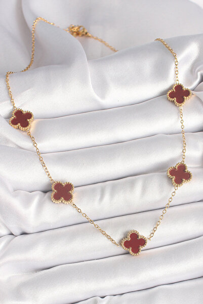 BSRE Gold Color Chain Claret Red Clover Women's Necklace (316L Steel)