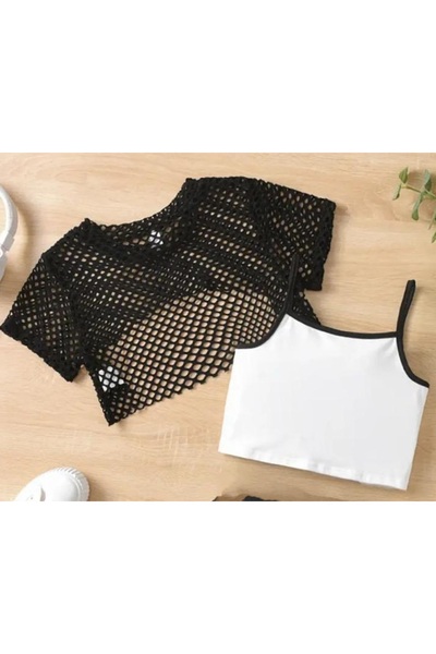 BEBEĞİME ÇORAP Crop Printed Body T-Shirt with Mesh Detail on Top