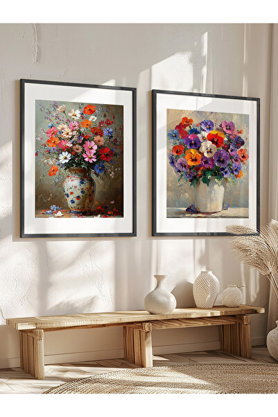 STARYUNA Yağlı boya efektli çiçekli siyah ahşap çerçeveli 2'li tablo seti Yun...