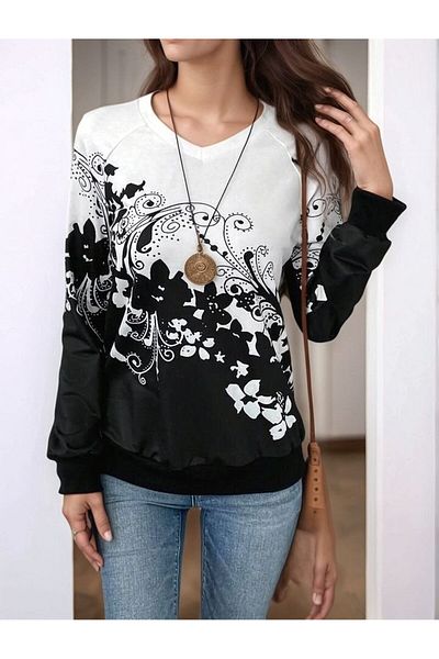 JANES Women's Long Sleeve V Neck Floral Printed Raised Diver Blouse