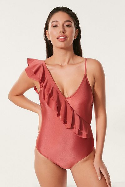 C&City Brick Color 7537 Model Thin Strap Voluminous Swimsuit
