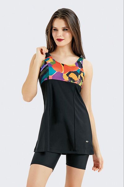 C&City Strumpfhosen-Kleid-Badeanzug C14380 Schwarz/Mehrfarbig
