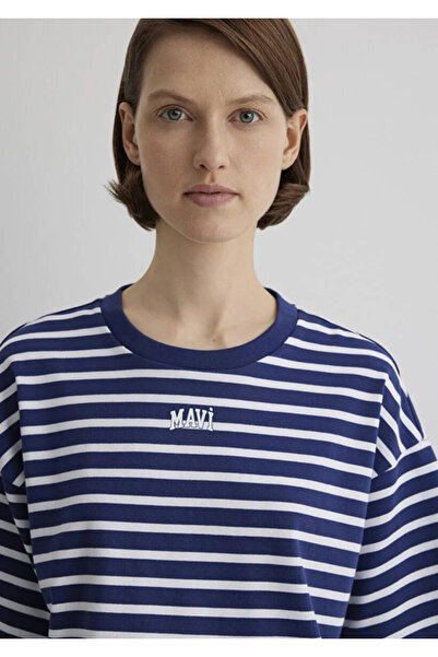 Mavi Τυπωμένο λογότυπο ριγέ μπλουζάκι με μπλε ναυτικό Crop Crop / Short Cut1612228-86681