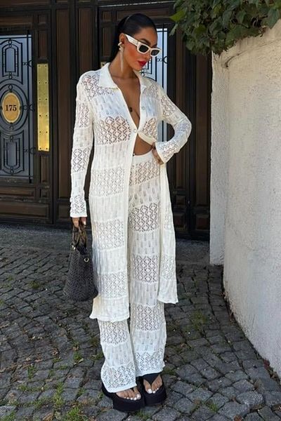 MODAVERA Bridget Openwork Long Cardigan Suit 9881