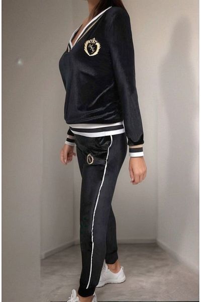 Simala Women's Long Sleeve V Neck Collar and Sleeve Stripe Detail Embroidered Velvet Suit