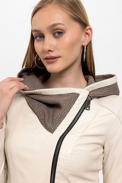 Deriderim Beige Antonia Knitwear Hooded Women's Genuine Leather Coat