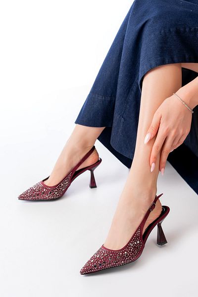 v.s.h velvet Women's Evening Dress Stone Detailed Fabric Pointed Toe Back Open 7cm Heels