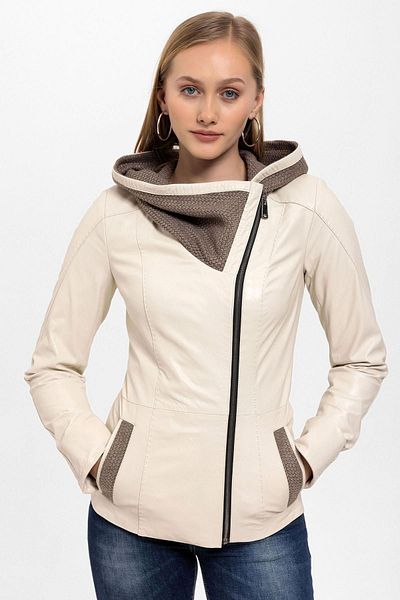 Deriderim Beige Antonia Knitwear Hooded Women's Genuine Leather Coat