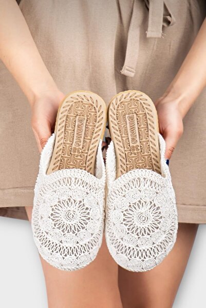 Liger Papuci de damă din paie tricotați, brodați, închis la față, confortabili, de zi cu zi, ALB