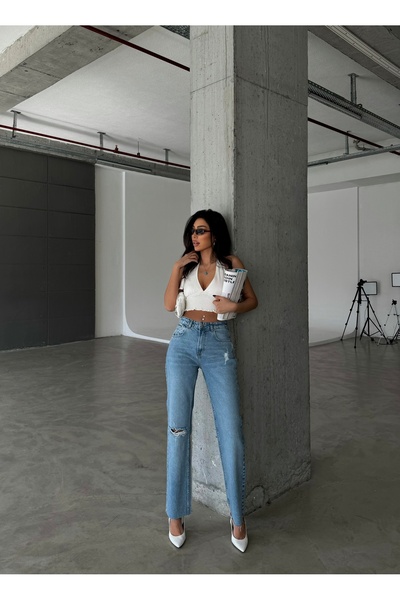 Butik YÜKSEL BEL KESİK PAÇA LAZERLİ BORU PAÇA PANTOLON 1909 Z