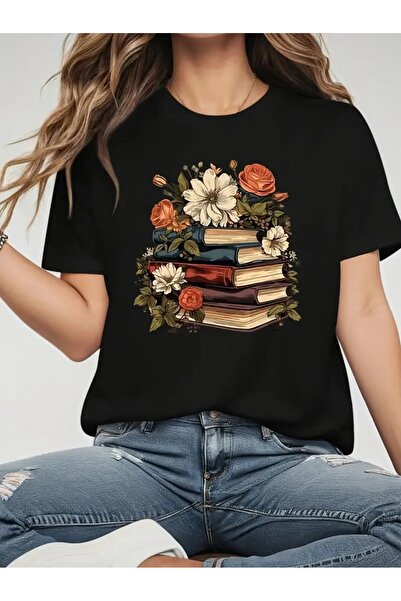 AZIZI TEKSTIL Μπλουζάκι με λαιμόκοψη με λουλούδια και βιβλία, άνετο κοντομάνι...