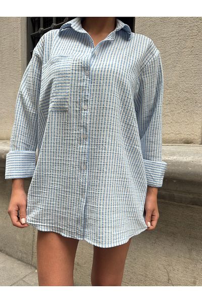 Fav Style Cămașă de damă cu un singur buzunar țesut Gingham Albastru deschis