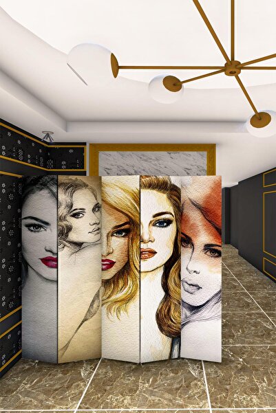 Fupe Shop Doğal Ahşap Kadın Figür Tek Taraf Baskılı 5 Kanat Paravan Seperatör...