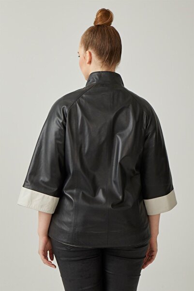 Deriderim Siyah Cherish Bej Garnili Çıtçıt Kapamalı Truvakar Kol Geniş Kesim Astarlı Kadın Hakiki Deri Mont