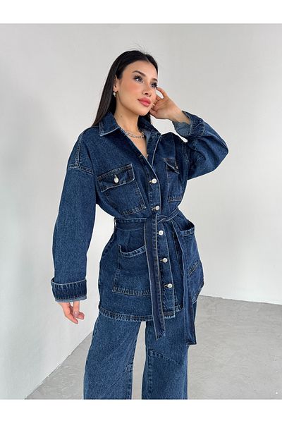 Cappmoda Tkm-03679 Jachetă cu curea cu buzunar dublu albastru închis Pantaloni largi Set dublu din stofă denim