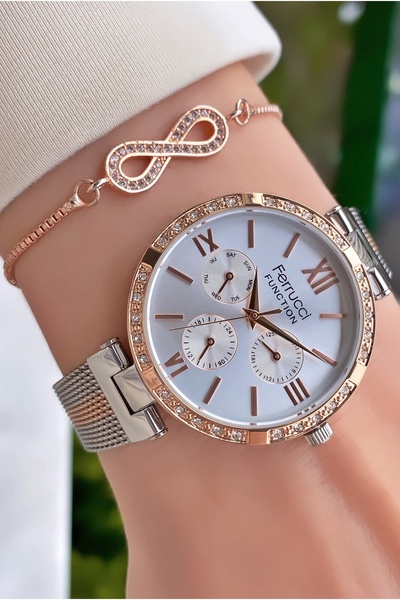 Ferrucci Brand Rose Silver Color Steel Mesh Cord Women's Wrist Watch - Bracelet Gift