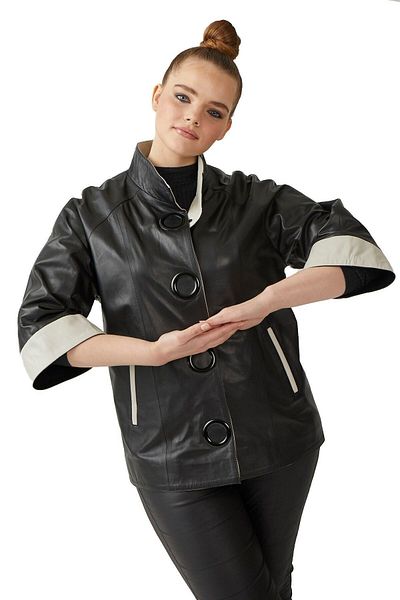 Deriderim Black Cherish Beige Garnished Snap Closure Three-Quarter Sleeve Wide Cut Lined Women's Genuine Leather Coat