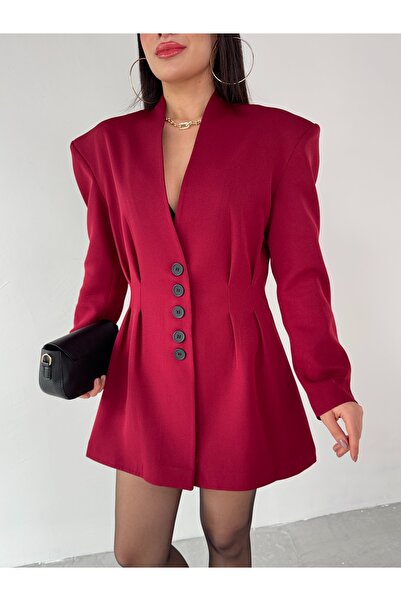 Cappmoda Tkm-03683 Claret Red Padded Front Buttoned Blazer Jacket Mini Skirt Double Set