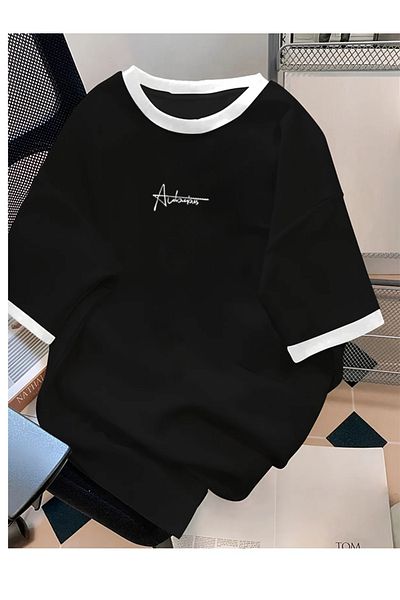 Boi Μπλουζάκι Unisex Ανδρικό/Γυναικείο Μαύρο Σκούρο Ναυτικό Λευκό Γιακά Απλό Κομμένο Βαμβακερό Action Sing Print T-Shirt