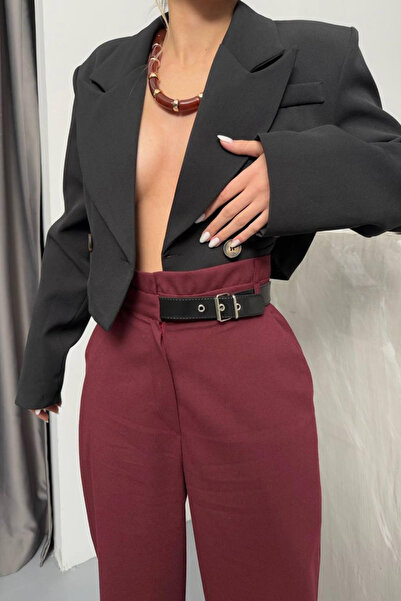 Aventien Poliviskon Fabric Belt Detailed Claret Red Trousers