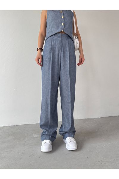 Cappmoda TKM-03682 Set de două piese, pantaloni largi, cu aspect de jean albastru, cu nasturi aurii