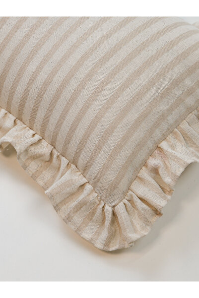 Galia Tasarım Washed Linen Beige Striped Bohemian Ruffle Cushion Cover 30x50 cm