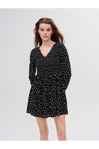 Ltb Polka Dot Wide Neck Long Sleeve Woven Black Dress