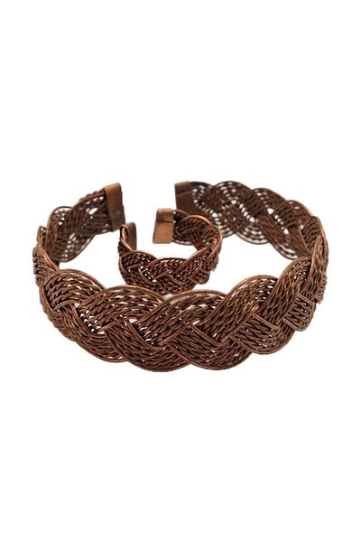 Han Ticarethane Triple Knitted Model Filigree Pure Copper Bracelet Ring Set