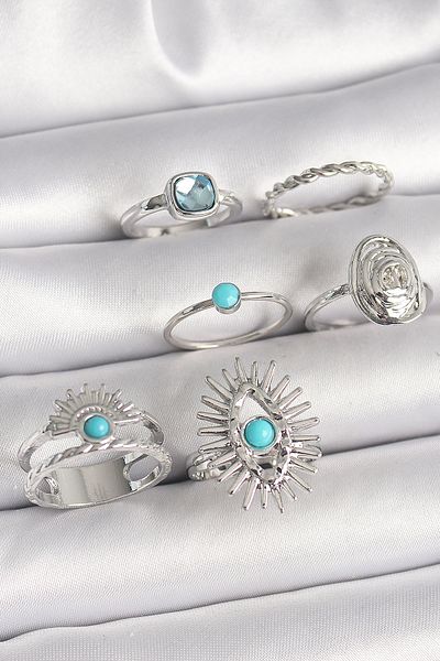 NEZADE STORE Brass Silver Color Blue Stone Square Zircon Stone Detailed Women's Ring Combination - Lisinya